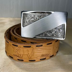 Laced Tooled Leather Belt Longhorns & Cowboys Design Silver Tone Buckle - Tan